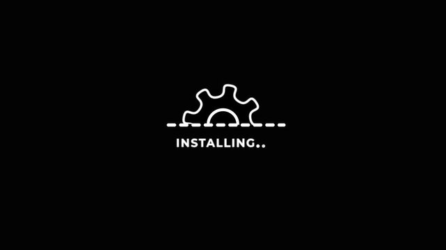 Installing gear icon animation on black background, software setup progress indicator, technology system installation UI loop.