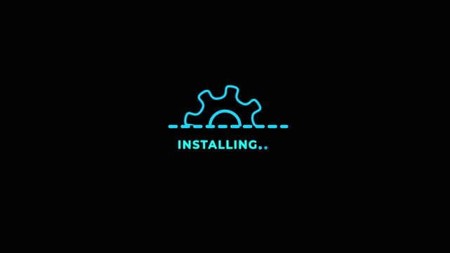 Installing gear icon animation on black background, software setup progress indicator, technology system installation UI loop.