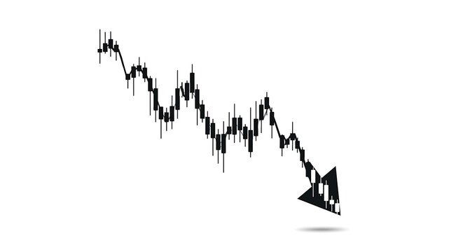 Black financial candlestick chart showing a sharp market decline with a downward arrow on a white background candlestick downward business analysis investment financial recession