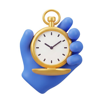 3D blue hand holding golden pocket watch with white clock face, vintage timepiece design, time management and punctuality concept illustration icon