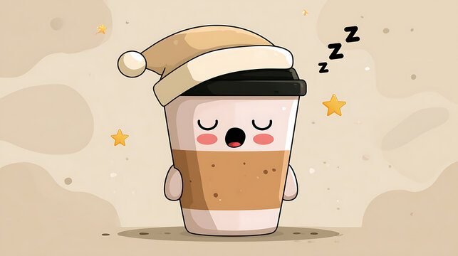 Cute coffee cup mascot yawning in a sleeping cap, sleepy caffeine character illustration.