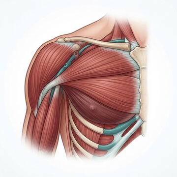Detailed depiction of muscle anatomy showing major and minor muscle groups related to sports injury in the upper body region.