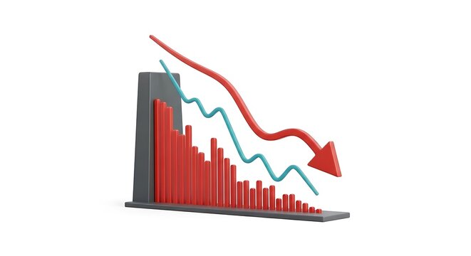 3D visualization of a failing financial market with red bar chart showing a downward trend and negative growth financial downward recession business investment analysis currency