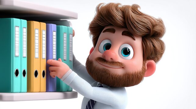 Organizing the Archives: A friendly cartoon businessman with a beard and spectacles reaches for a colorful file binder on a shelf, representing diligent record-keeping and organization.