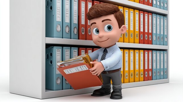 Office Organizer: A cheerful cartoon man meticulously organizes files and folders on a large shelf filled with binders, embodying efficiency and order in the workplace.