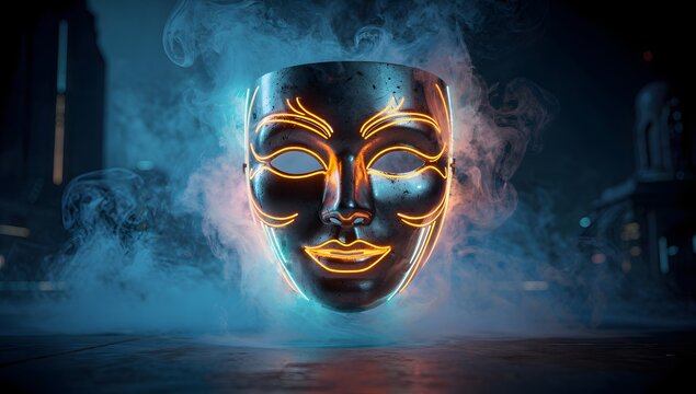 Elegant glowing mask suspended in atmospheric blue fog
