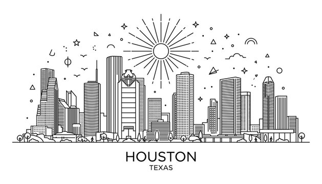 Houston Texas city skyline linear panorama vector illustration with skyscrapers sun burst and abstract geometric sky elements
