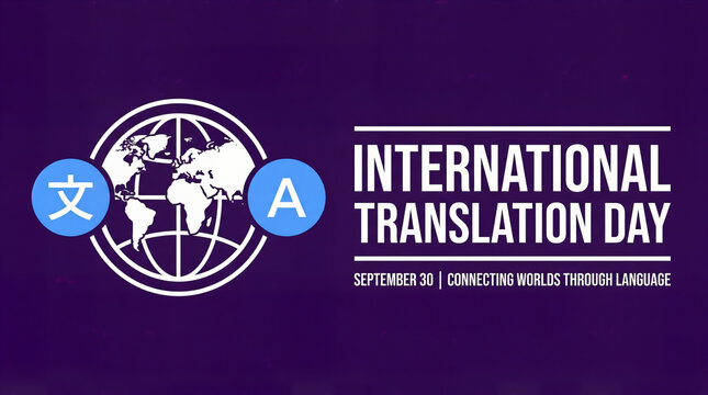 International translation day purple banner with globe and language symbols