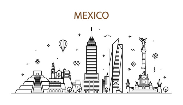 Mexico city landmark skyline linear panorama featuring chichen itza pyramid latinoamericana tower and angel of independence