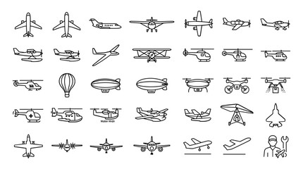 Aviation and Aircraft Line Icon Set Featuring Commercial Airplanes Helicopters Cargo Drones Military Jets Propeller Planes Gliders and Airport Transportation Logistics © MDJAHIDUL