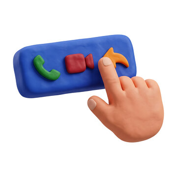 3D hand tapping blue panel with phone video call and share icons, clay style communication interface illustration for messaging app and social media concept