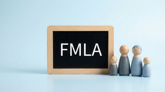 Wooden family figurines and a blackboard with FMLA, symbolizing family and medical leave in a workplace context