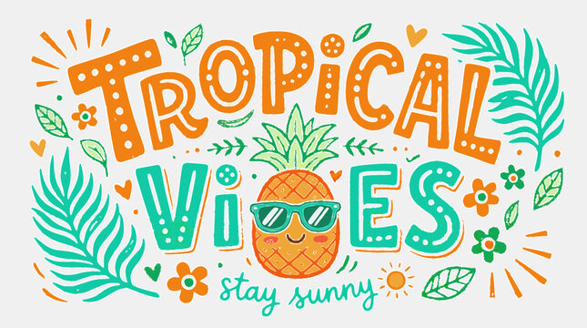 Tropical vibes text graphic illustration featuring a cute pineapple wearing sunglasses with bright summer elements