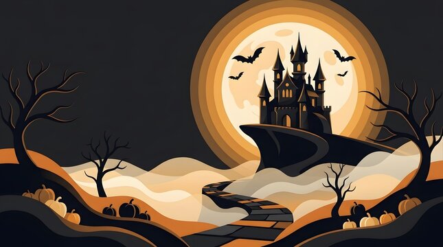 A spooky dark castle silhouette standing before a glowing full moon creates a magical atmosphere for your helloween celebration event