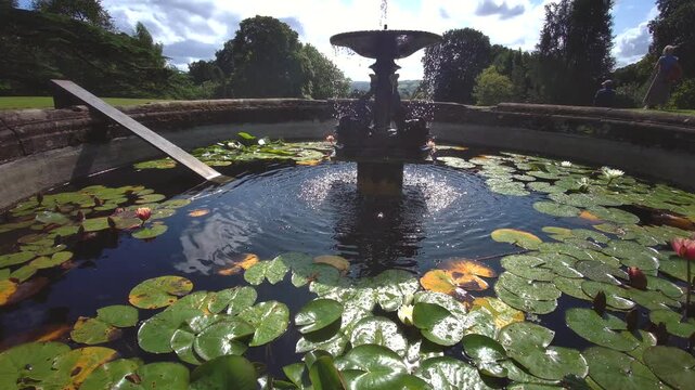 Bright summer flowers bloom along a traditional stepped stone wall inside the historic kitchen garden at Knightshayes Court in Tiverton, Devon, United Kingdom, filmed on 24.08.2024