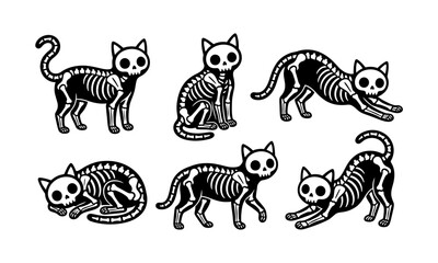 Obraz premium Collection of playful black and white skeleton cat illustrations in various dynamic poses and positions