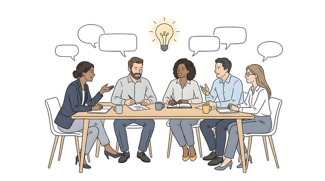 Corporate professionals meeting around a table with a glowing light bulb and speech bubbles, representing teamwork, idea generation, creative collaboration, leadership, communication, and business str