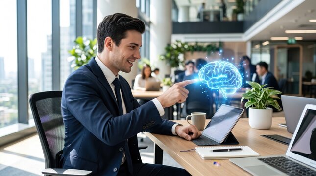 Businessman in modern office interacting with futuristic holographic brain, artificial intelligence and innovation, digital technology interface, corporate professional working