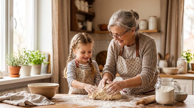 Grandmother and granddaughter happily making dough together in the kitchen