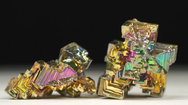 Bismuth crystals. Bismuth - chemical element with symbol Bi and atomic number 83. Post-transition metal and one of pnictogens. Synthesized bismuth crystal. Iridescent coloration is due to oxide film