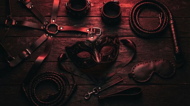 Black leather bondage accessories on a dark wooden background illustration