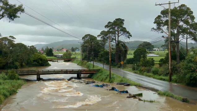 Deep floodwaters submerging roads and properties across the Yarra Valley in Victoria Australia documenting severe climate impacts and emergency flood damage