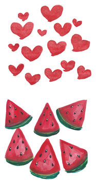 Watermelon and heart pattern hand drawn watercolor art