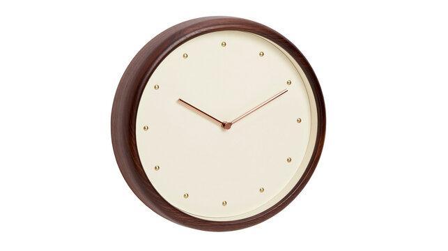 Minimalist round wall clock with dark wood frame and cream face, isolated on transparent background