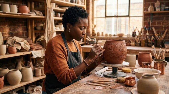 Artist meticulously carving intricate patterns onto a clay pot in a sunlit studio