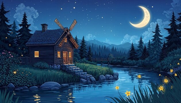 Cozy wooden cottage with windmill by a river under a crescent moon at night.