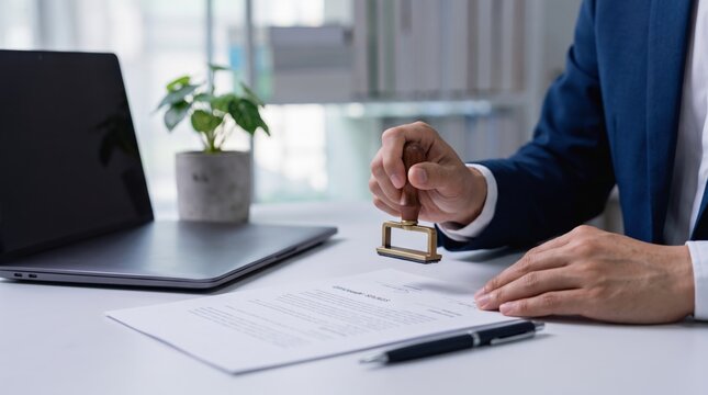 Close up of business person hand stamping legal contract document on office desk, notary public signing agreement papers, corporate law and official authorization concept