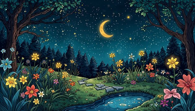 Night landscape with crescent moon and glowing flowers in a magical forest meadow