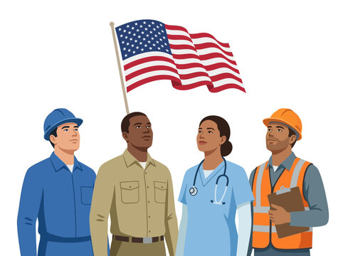Flat vector illustration of diverse American essential workers&mdash;mechanic, soldier, nurse, and construction worker&mdash;looking up at a waving United States flag on a white background.