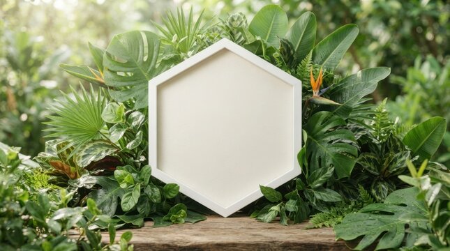 Blank hexagonal frame surrounded by lush tropical foliage and exotic flowers