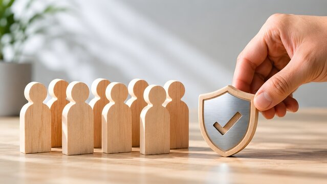 Hand holding metal shield checkmark next to wooden peg figures. Concept of data privacy protection, corporate legal defense, and staff recruitment.