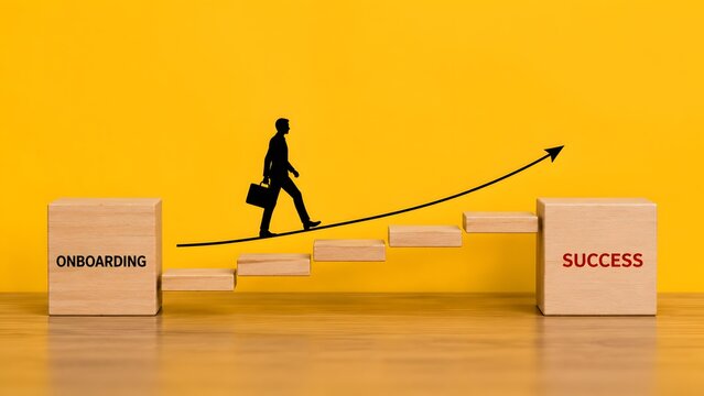 Businessman silhouette climbing wooden stairs towards success text with arrow. Concept of employee onboarding journey, and career advancement.