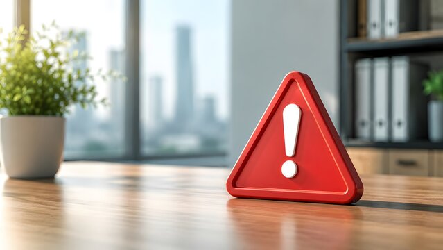 Red warning sign on wooden desk in modern office. Concept of corporate risk management, workplace safety, and business crisis alert.