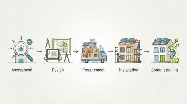 The timeline outlines the stages of a building retrofit project including assessment, design, procurement, installation, and commissioning.