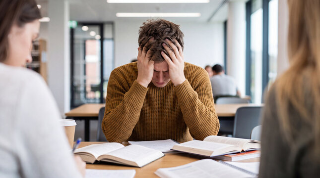 Male student in brown sweater stressed while studying with open books at a table in a modern library setting with large windows