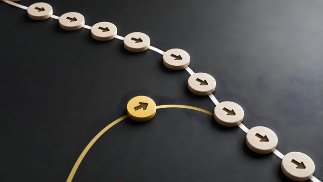 Golden arrow circle deviating from a line of wooden arrow circles on a dark surface. Concept of strategic business pivot, alternative career path, and independent decision making.