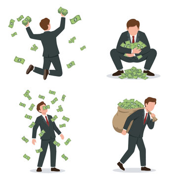 Set of business men with money, wealth, success, and financial growth vector illustrations