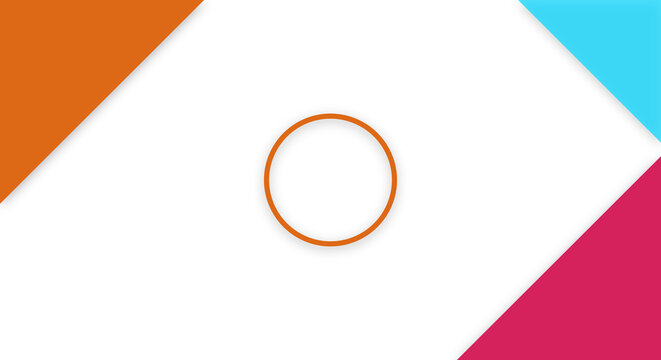 Colorful presentation background layout using minimal cyan orange and magenta geometric corner triangles. Central circular frame design. Delivered as a transparent png cutout.
