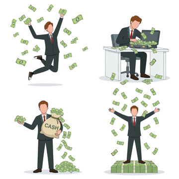 Business man with money set, successful entrepreneur earning cash and financial wealth