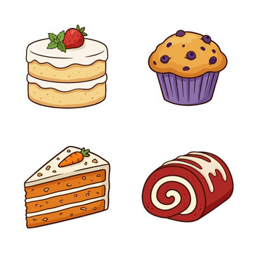Set of hand drawn bakery icons featuring strawberry cake, muffin, carrot cake and swiss roll