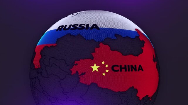 a digital futuristic-style globe focusing on Russia, russia flag and China flag, china map, russia map,
