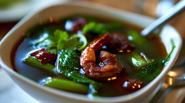 Appetizing bowl of spicy shrimp soup with herbs and fresh vegetables in a fine dining setting