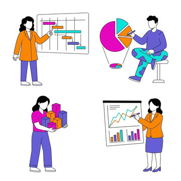 Business People Working with Data Charts and Analytics Vector Illustration Set