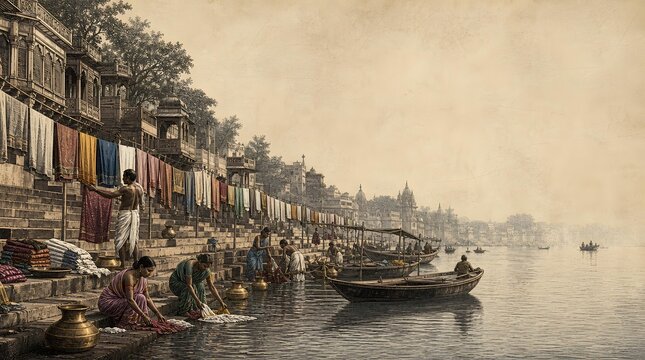 Traditional Indian Varanasi Ghat Laundry Dhobi Washing Clothes Vintage Background