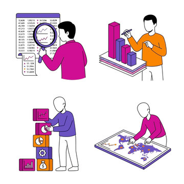 Business people analyzing data charts and global logistics on digital screens vector set