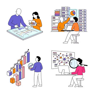 Business data analysis and digital marketing strategy vector illustration set
